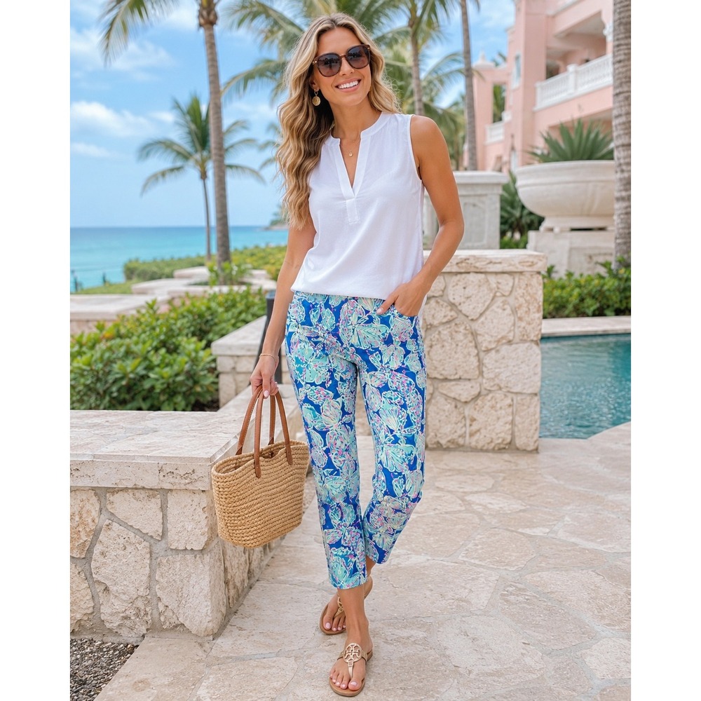 Lilly Pulitzer Kelly Ankle Pants Blue Shell Me Something New Sea Life Size 14